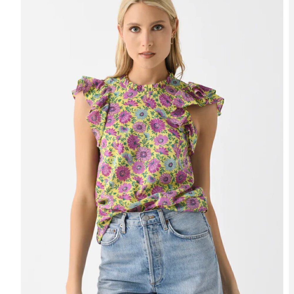 BANJANAN Women's Klara Top Floral Ruffle SIze XS Purple Yellow Daisy Print